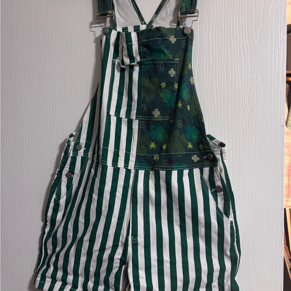 Green and White Striped Short Overalls with Shamrock Pocket